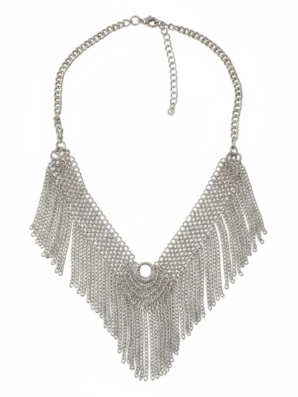 Silver Tone V Shape Fringe Statement Necklace